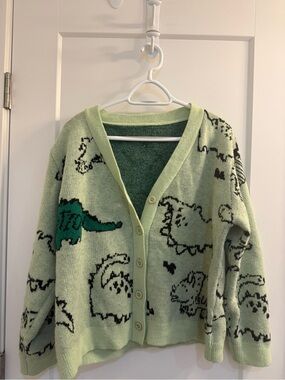 Light Green Dinosaur Graphic Cardigan Sweater - Women's